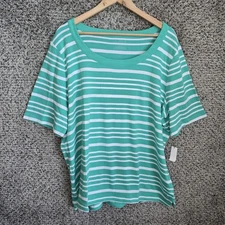Talbots Top Womens Plus 3X Teal Striped Scoop Neck Short Sleeve Tee Cotton
