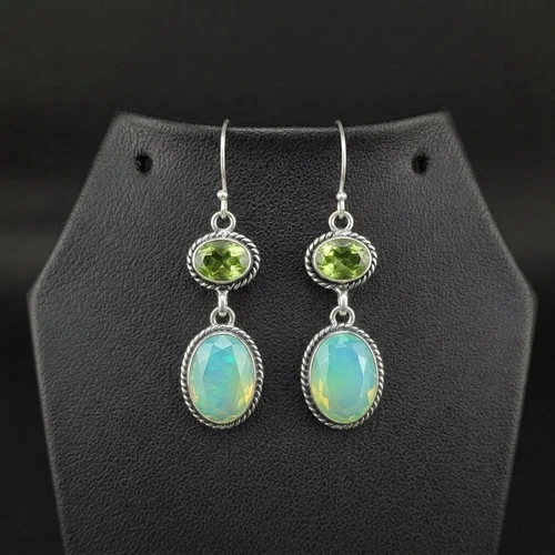 Pacific Opal And Peridot Gemstone 925 sterling silver Dangle Drop Earring 2"