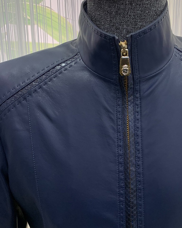 Billionaire Genuine Python Leather Trim Soft Lambskin Blue Men's Bomber ...