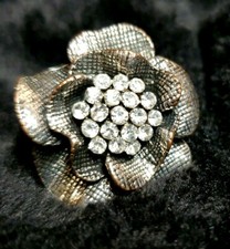 Flower Statement Fashion Adjustable Ring Faceted Crystal Cluster Silver Tone