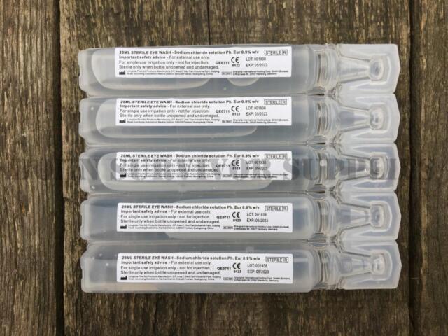 5 x STERILE EYE WASH PODS 20ml - First Aid Trauma Kit Bandage Irrigation Saline