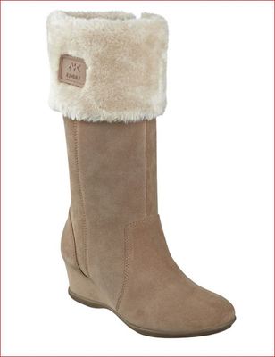 Anne Klein Sport Inda Dark Natural Beige Wedge Faux Fur Cuff Boots