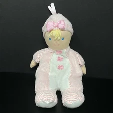 Kids Preferred Pink Baby Doll Soft Plush 3 Bows Waffle Weave Blonde Hat Stripes 