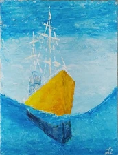 Original modern painting Frigate Seascape Small wall art 7x9" hand painted