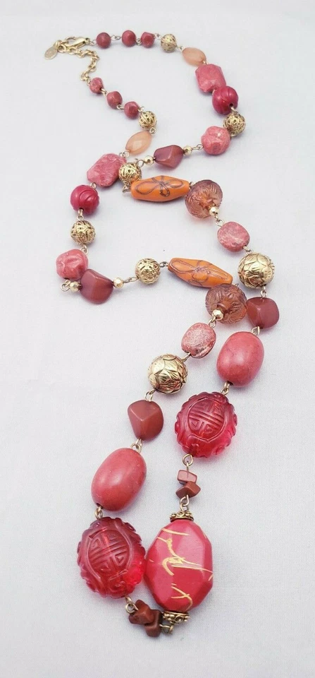Robert Rose Red Orange Carved Lucite Mixed Beaded Filigree Gold Tone Necklace - Image 2 of 4