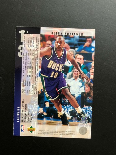 Rookie Class1995 GLENN ROBINSON Upper Deck # 281 Basketball Card. Made in USA - Picture 4 of 5