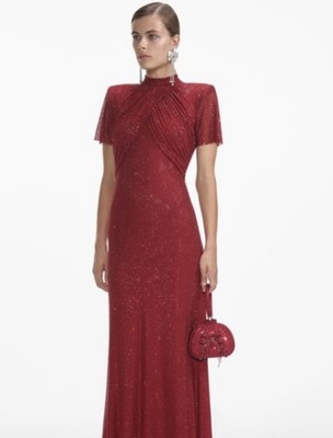 self-portrait - Red Rhinestone Mesh Maxi Dress US12- MSRP $870 - NWT