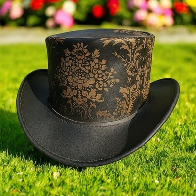 Handmade Black Leather Top Hat - Floral Pattern Steampunk Gothic Cowboy Hat