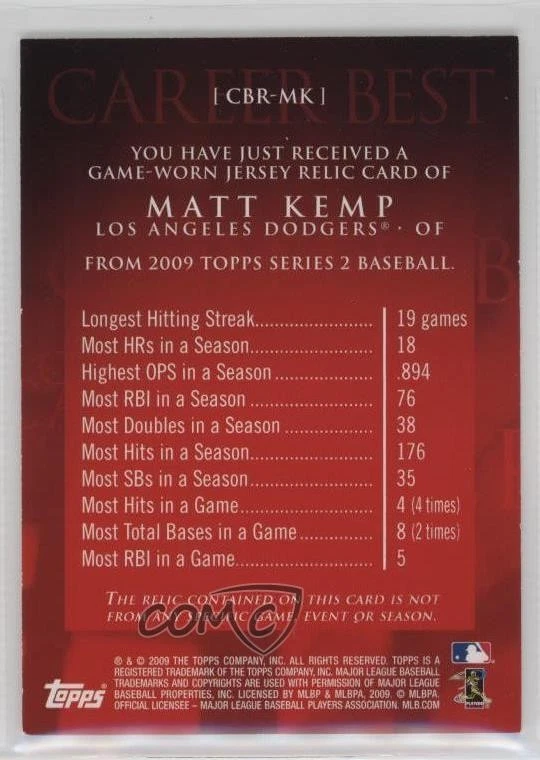 2009 Topps Career Best Relics Matt Kemp #CBR-MK - Image 2 of 2