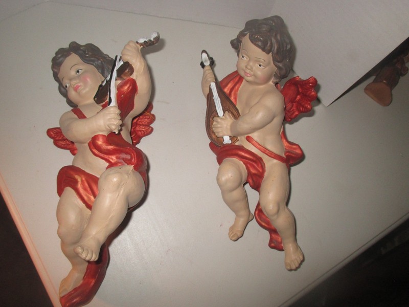 Lot 2 Cherub Angel Band Violin Mandolin Wall Hanging Ornament Molded Plastic 11"
