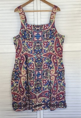 Lands End 100% Linen Dress Sz 18 Multi Print Pockets Side Zip Fully Lined