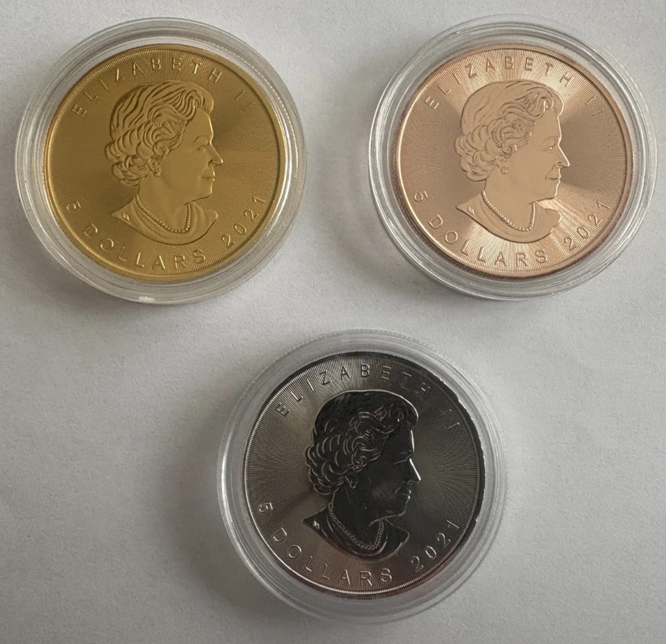 3 x 1 oz Silber Maple Leaf Canada 2021 Triple "Rot-/Gelb-/Weißgold-Edition" - Bild 2 von 2