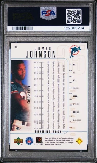 1999 SPx JAMES JOHNSON Dolphins RC RADIANCE Parallel 67/100 PSA 7 Total Pop 1 - Image 2 of 2