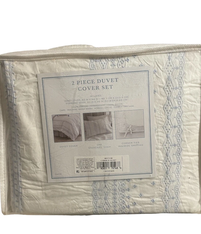 Simply Shabby Chic Twin Duvet Set Bohemian White Blue Embroidery 2 Piece - Image 3 of 4