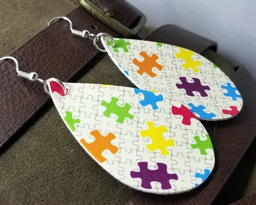 Autism Awareness Puzzle Pieces Tear Drop Shaped FAUX Leather Earrings - Picture 3 of 3