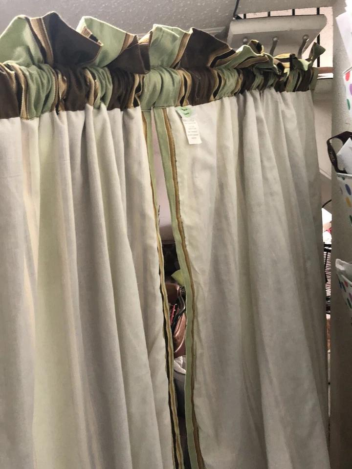 Panel Cortina Forrado Verde Marrón Waverly Capulet Rayas Pergamino 2 Piezas 50x84" Usado en Excelente Condición Foto 3 de 4