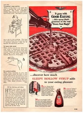 1951 Sleepy Hollow Syrup Print Ad, Good Eating Real Down East Maple Waffle Pour