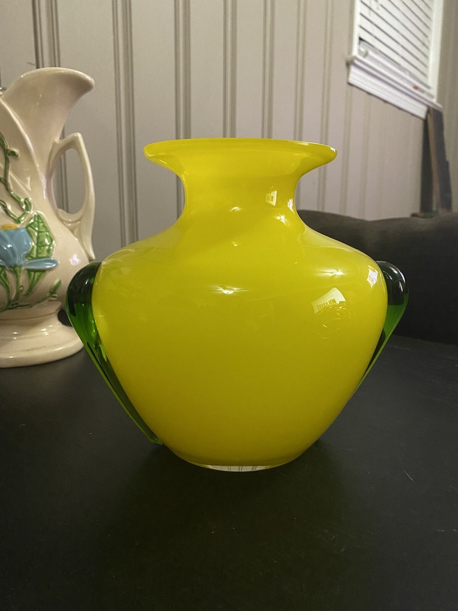 Vase Murano Style Green And Yellow Glass Vase With White