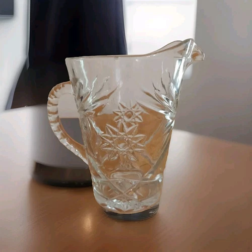 Vintage Anchor Hockings Pressed Cut  Glass Pitcher Star Of David Heavy 8in Tall
