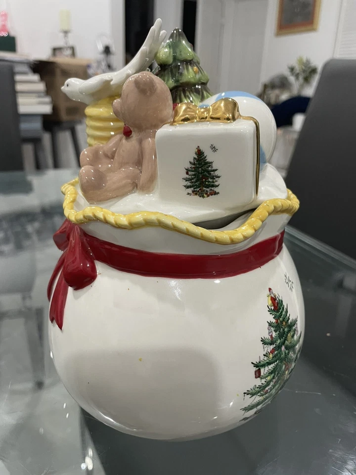 "Árbol de Navidad Spode redondo cubierto caja de dulces contenedor con tapa de árbol de paloma de oso 8""" Foto 2 de 4