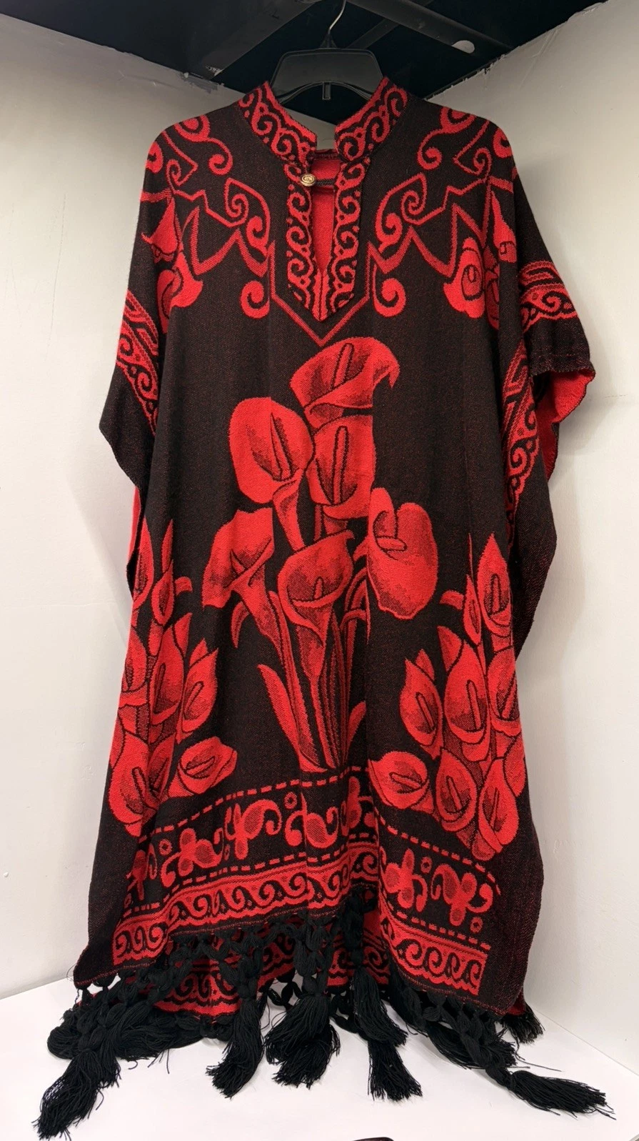 Vintage Mexican Poncho Black & Red Floral Embroidered Wool Blend One Size Fits