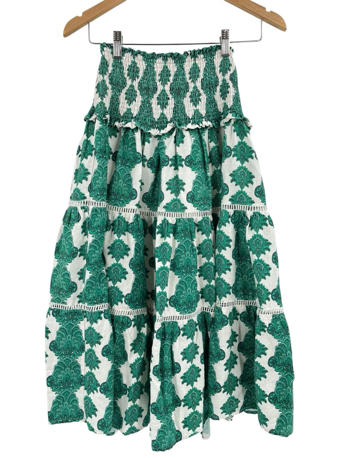 HOUSE OF HARLOW Women's Green/White Geo Floral Smocked Waist Tiered Midi Skirt S