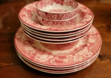 Set 11 Wood & Sons English Scenery Enoch Woods Red Pink Plates Bowls Salt Cellar