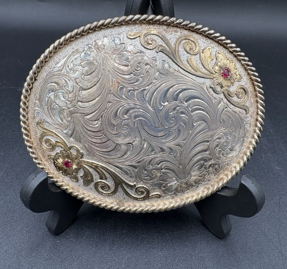 Vtg  MONTANA SILVERSMITHS Belt Buckle Ruby's SILVER PLATE Engraved Floral Cowboy - Image 2 of 4