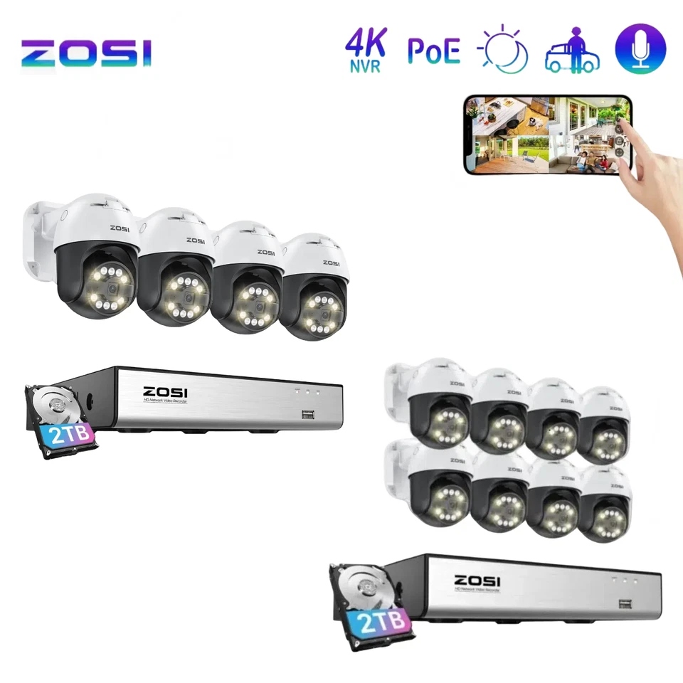ZOSI 8MP 4K 8CH NVR 5MP PT PoE Home Security Camera System AI Person Detection