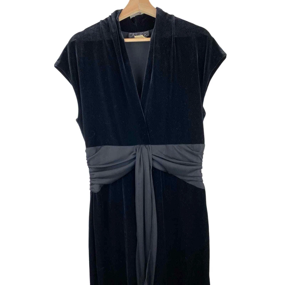 Vestido midi de noche vintage Alex Evenings para mujer 14 negro de terciopelo con cuello en V profundo Foto 2 de 4