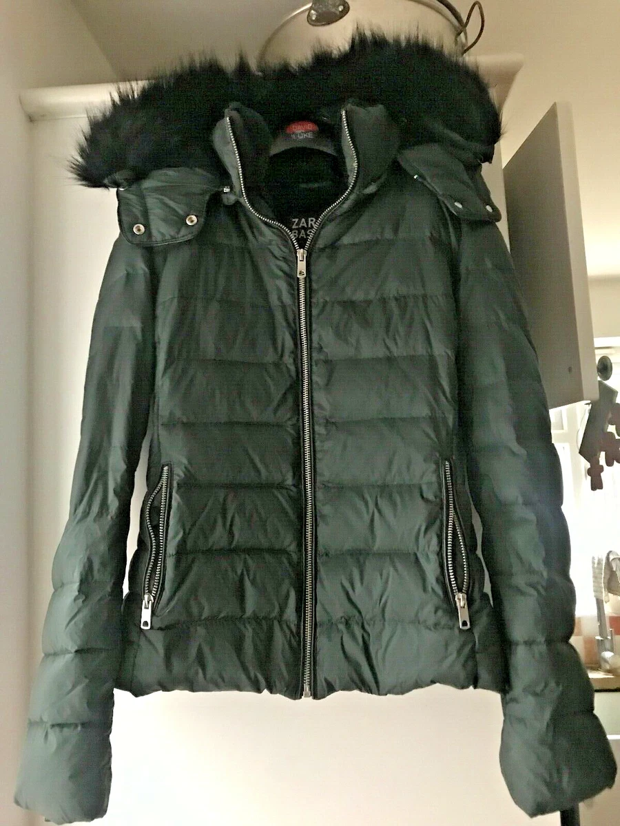 ZARA FEATHER JACKET DOWN COAT GREEN DETACHABLE HOOD AND FUR SIZE 8