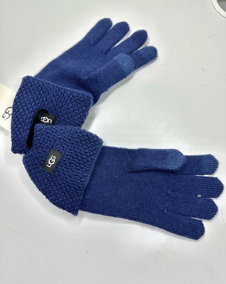 UGG 女式 Navy Knit Bow Tech 手套羊毛混纺 O/S - 全新带标签 — 第 3/4 张图片