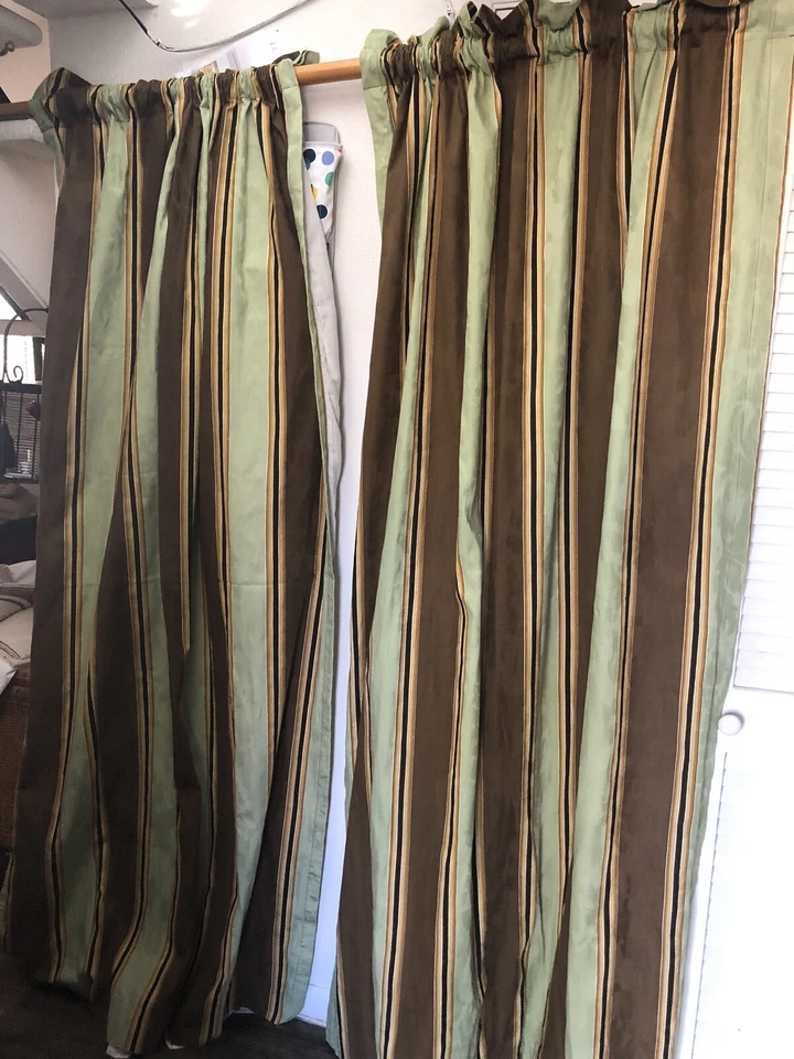 Panel Cortina Forrado Verde Marrón Waverly Capulet Rayas Pergamino 2 Piezas 50x84" Usado en Excelente Condición Foto 4 de 4