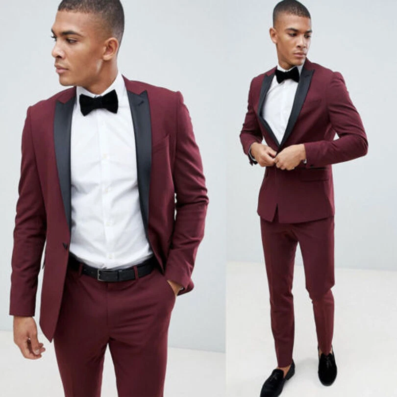 Men Suit Burgundy Peak Lapel Slim Fit Groomsman Party Prom Tuxedo Wedding  Suits