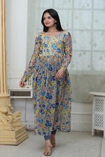 INDIAN FANCY GEORGETTE FLORAL DIGITAL PRINTED NAYRA CUT KURTI LEMON IN SIZE 40