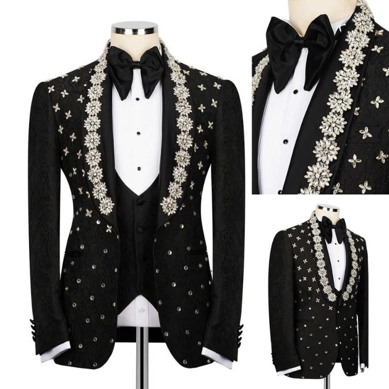 Men Luxury Diamonds Lapel Black Suits Groom Wedding Banquet Jacket +Pant +Vest