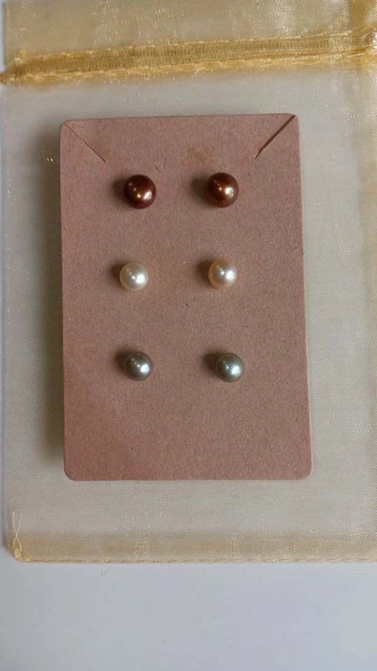 Button Pearl Sterling Silver Post Earrings Champagne Chocolate & Green 3 Pairs - Image 4 of 4