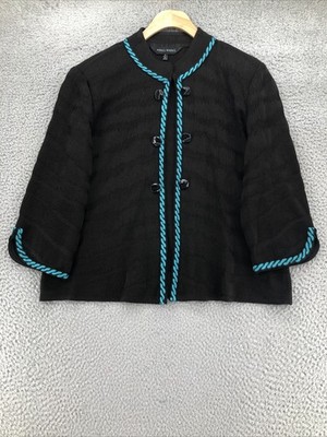 Ming Wang Sweater Womens Large Black Tonal Stripe Cardigan 3/4 Sleeve Braid Trim