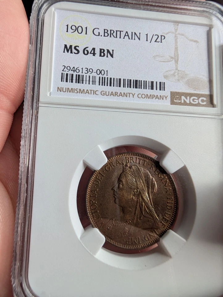 1901 Great Britain Half Penny NGC MS 64 Brown Purple Toner Queen Victoria - Image 3 of 4