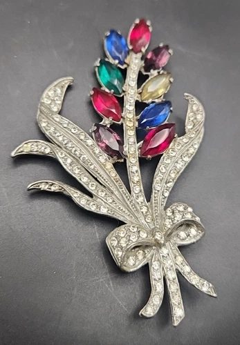 Vintage 1940's Costume Jewelry Wheat with Multi-Colored Rhinestone Brooch Pin 4"