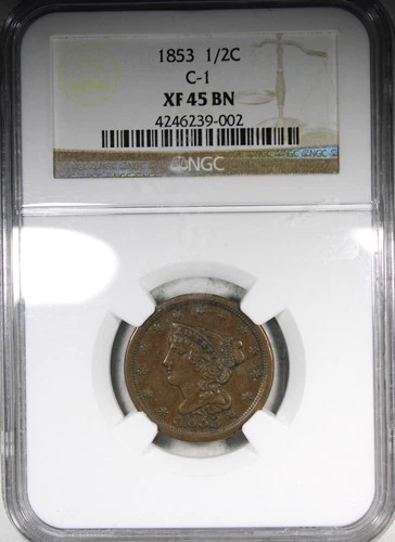 1853 Braided Hair Half Cent NGC XF45BN C-1 Scuffy Holder