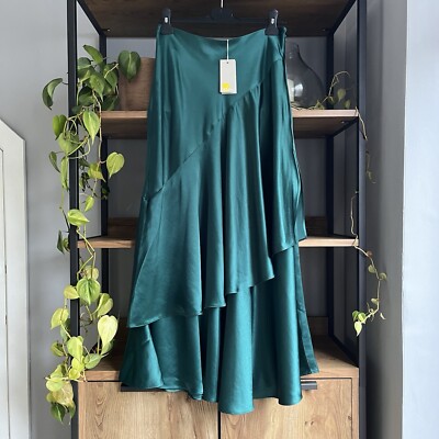 Boden Elizabeth Satin Maxi Skirt 10 Emerald Green Drapey Asymmetrical Wrap  Style UK