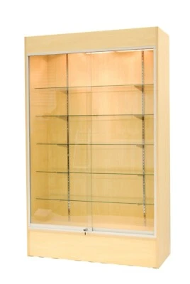 AMERICAN DRESS FORMS Maple Wood Tower Wall Display Showcase with Adjustable Shelving, Lock and Lights