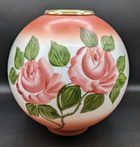 10 In Hand Painted Glass Globe Shade For Oil Lamp, Pink Roses Floral (No. 2) - Picture 1 of 17