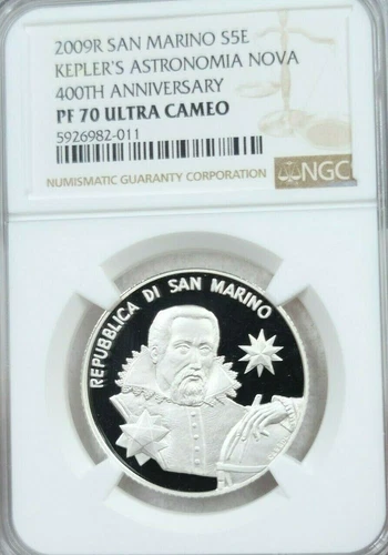2009 SAN MARINO SILVER 5 EURO KEPLERS ASTRONOMIA NOVA NGC PF 70 ULTRA CAMEO 