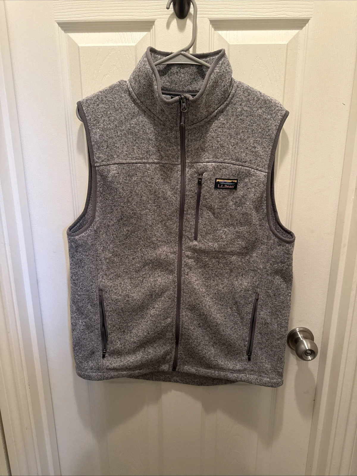 LL Bean Sweater Fleece Vest Mens M Tall Heather Gray Full Zip Outdoors Hiking