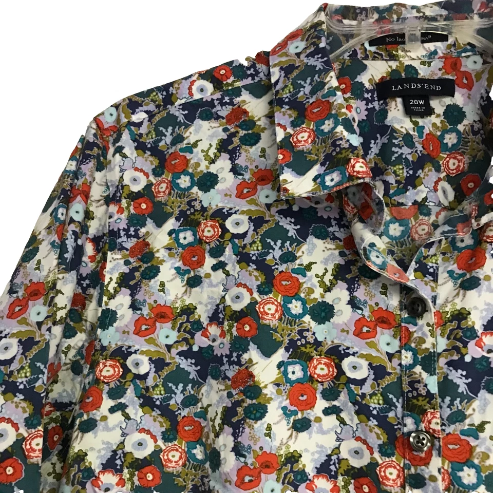 Camisa Lands' End Talla 20W 100% Algodón Rojo Floral Abotonada Cuello Sin Hierro Supima Foto 3 de 4