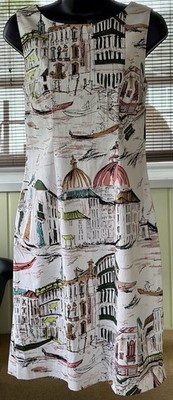 Chetta B Venice Italy Scenic Print Sheath Artsy Dress VTG 50 s Look Size 4