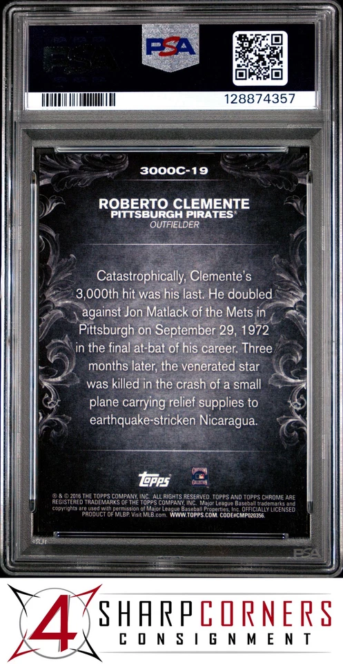 2016 TOPPS CHROME UPDATE 3000 HITS CLUB #C19 ROBERTO CLEMENTE HOF PSA 10 - Image 2 of 3