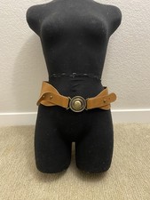Vintage L. Cheskin Leather Belt ML Tan Wide Cinch Concho Buckle USA Made 70/80s